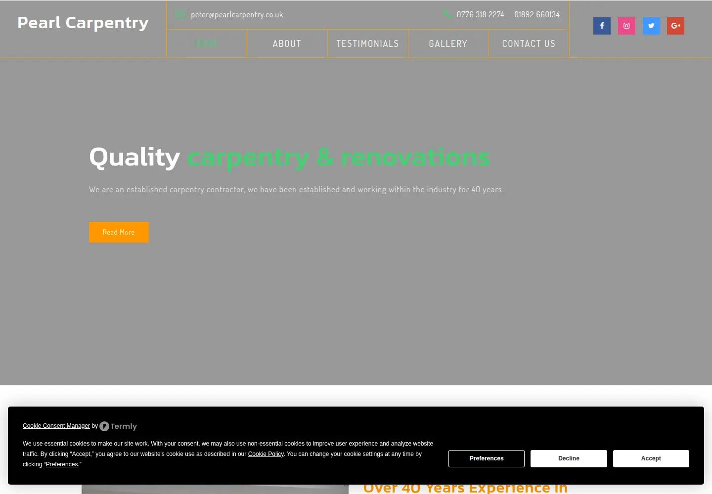 Captured desktop view of the current Pearl Carpentry website